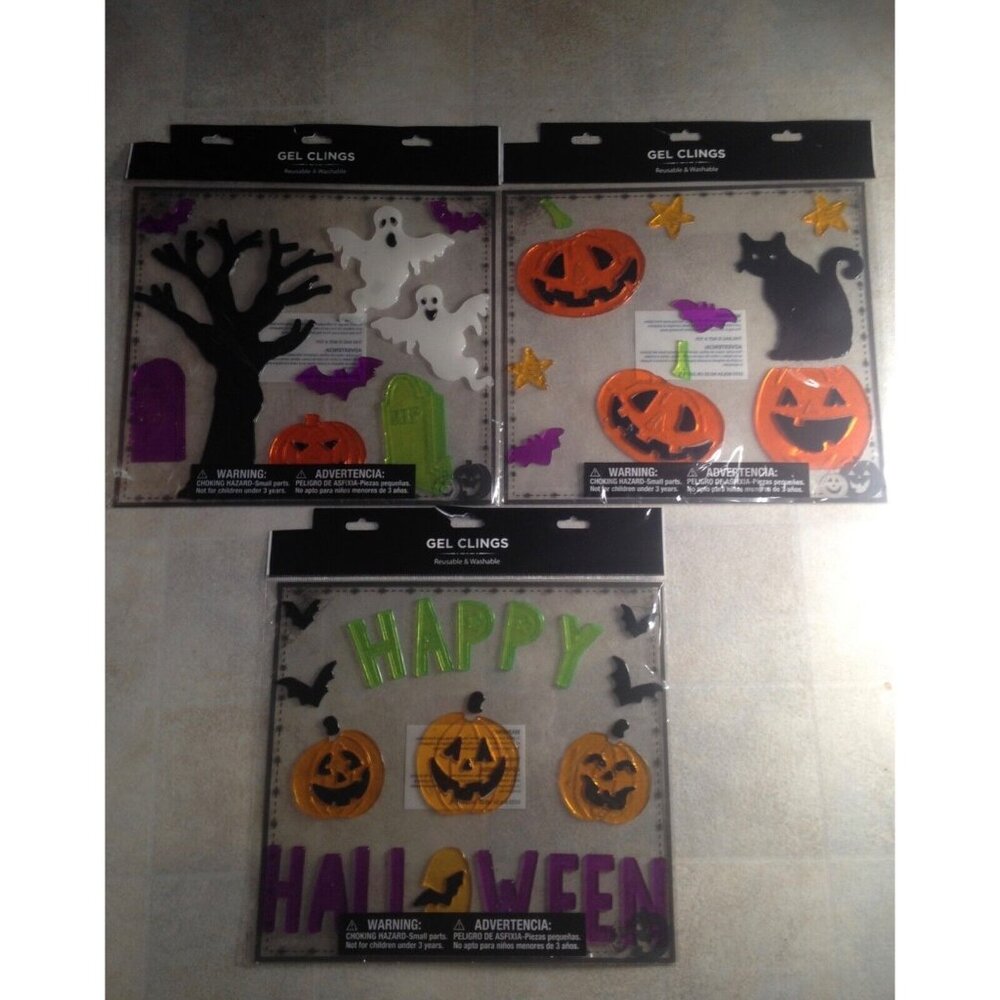 Lot of 3 Happy Halloween Gel Clings Jack-o-lantern's Bats Ghosts Black Cat, Etc